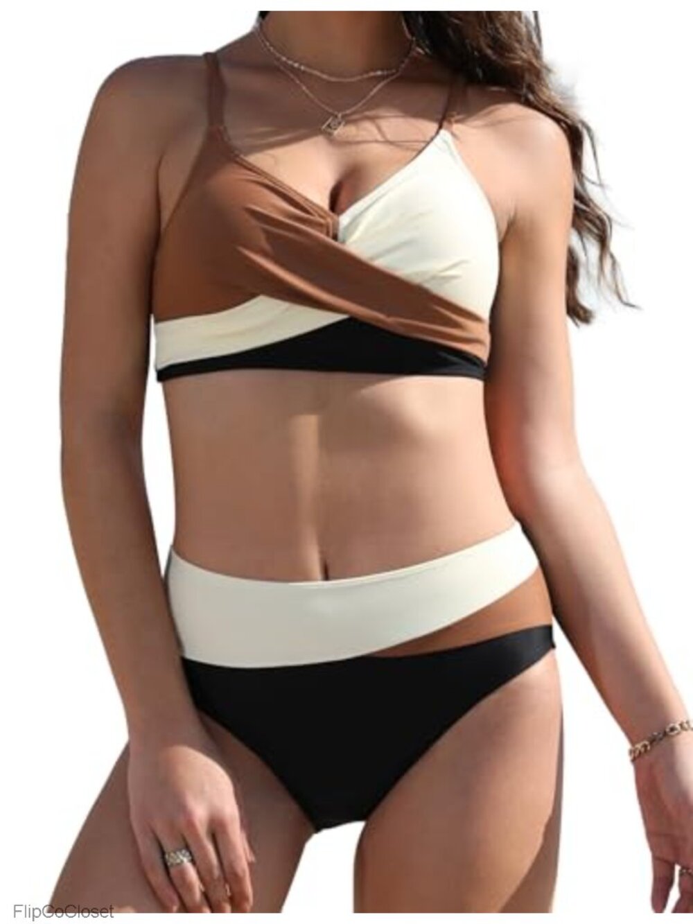 High Waisted Two Piece Bikini Set Twist Front V Neck Tie Back Swim Suit